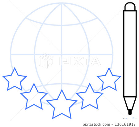 Professional evaluation, service ratings, quality standards, global reach, customer feedback, certification process. Illustration shows a globe, five stars and a pen. Quality standards and global Professional evaluation, service ratings, quality standards, global reach, customer feedback, certification process. Illustration shows a globe, five stars and a pen. Quality standards and global 136161912