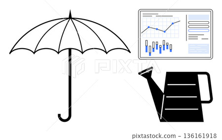 Protection, growth, financial planning, data analysis, sustainability, business strategy. Umbrella, watering can and chart with graphs. Protection and growth in the elements Protection, growth, financial planning, data analysis, sustainability, business strategy. Umbrella, watering can and chart with graphs. Protection and growth in the elements 136161918
