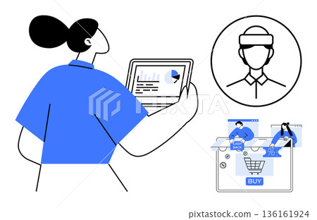 Online shopping, data analysis, digital marketing, user experience, e-commerce, modern technology. A person analyzing data on a tablet, virtual profile icon and e-commerce elements. Online shopping 136161924