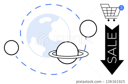 Global shopping, e-commerce, business growth, marketing, space-themed design, branding. Shopping cart, sale arrow and planetary illustration. Global shopping and e-commerce concept Global shopping, e-commerce, business growth, marketing, space-themed design, branding. Shopping cart, sale arrow and planetary illustration. Global shopping and e-commerce concept 136161925