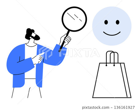 Customer satisfaction, e-commerce, consumer behavior, online reviews, marketing analysis, quality check. A person holding a magnifying glass pointing at a happy face next to a shopping bag. Customer 136161927