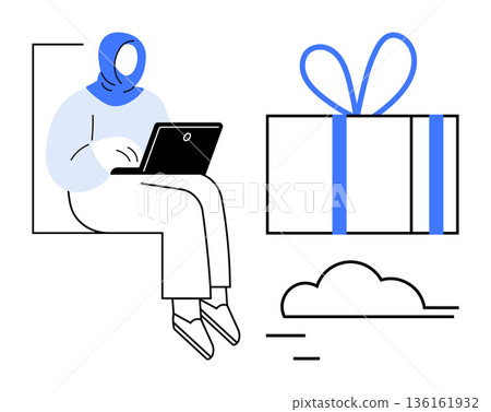 E-commerce, gifting, cloud technology, shopping online, digital workspace, modern communication. Woman using a laptop next to a gift box and cloud symbol. E-commerce and gifting concept E-commerce, gifting, cloud technology, shopping online, digital workspace, modern communication. Woman using a laptop next to a gift box and cloud symbol. E-commerce and gifting concept 136161932