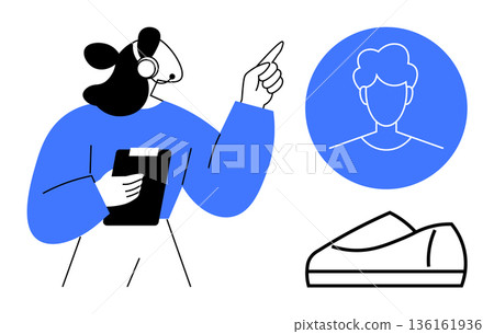 Customer support, user communication, client services, virtual assistance, user guide, human connection. Woman with headset pointing to a profile icon with a clipboard. Customer support and user 136161936
