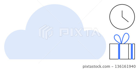 Digital storage, time management, gift giving, cloud technology, organization, celebration. Simplistic cloud shape, clock icon and gift box illustration. Storage and time management concepts Digital storage, time management, gift giving, cloud technology, organization, celebration. Simplistic cloud shape, clock icon and gift box illustration. Storage and time management concepts 136161940