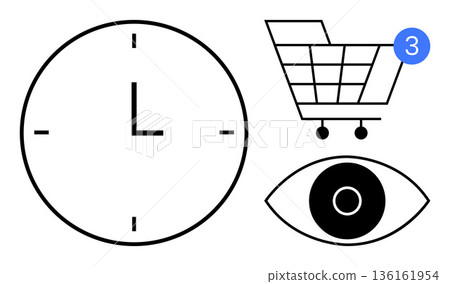 Time management, online shopping, notifications, user attention, digital marketing, e-commerce. Clock, shopping cart with notification and eye icons. Time management and online shopping concept Time management, online shopping, notifications, user attention, digital marketing, e-commerce. Clock, shopping cart with notification and eye icons. Time management and online shopping concept 136161954