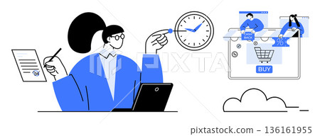 Time management, e-commerce, remote work, digital shopping, workplace efficiency, online collaboration. Person with laptop, clock contracts and virtual shopping cart. Time management and e-commerce 136161955