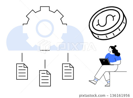 Cloud computing, data storage, financial technology, digital economy, remote work, productivity. Image of a gear, cloud currency symbol and woman with laptop. Cloud computing and data storage 136161956