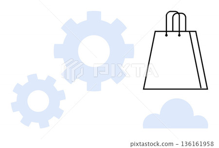 Online shopping, e-commerce strategy, business automation, retail solutions, cloud technology, digital services. Shopping bag, gear icons cloud illustration. E-commerce and business automation Online shopping, e-commerce strategy, business automation, retail solutions, cloud technology, digital services. Shopping bag, gear icons cloud illustration. E-commerce and business automation 136161958
