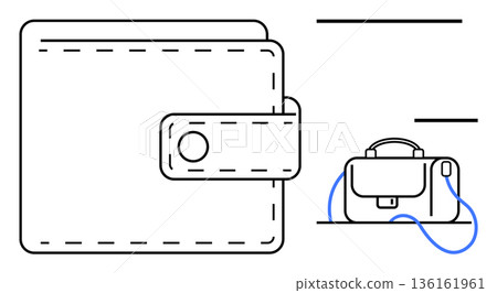 Finance, personal budgeting, business planning, ecommerce, storage tools, minimalistic style. Outline artwork shows wallet and briefcase with decorative lines. Finance and personal budgeting concept 136161961