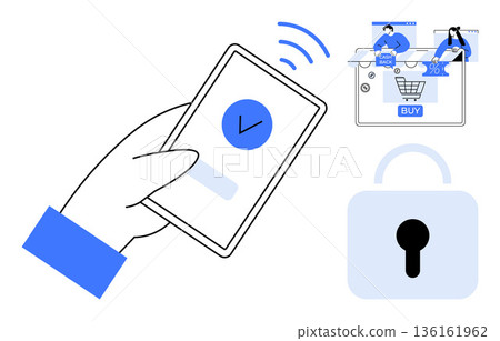 Mobile payment, online shopping, digital security, data protection, authentication, cybersecurity. Hand holding a smartphone, shopping cart and lock illustrated. Mobile payment and online shopping 136161962