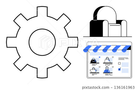 E-commerce, online shopping, cybersecurity, digital protection, website setup, web development. Gear icon, padlock and online storefront layout. E-commerce and online shopping security concept 136161963