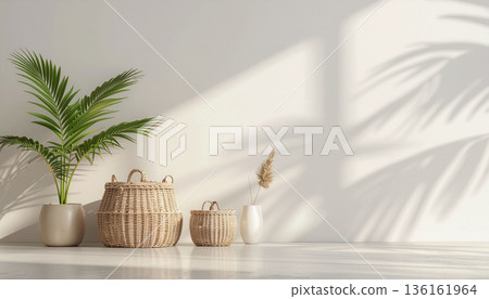 Minimal waste. Clean modern scene with reusable wicker baskets and potted plants and eco-friendly materials 136161964