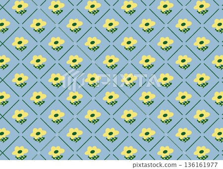 Cute flower and checkered pattern (light blue) 136161977