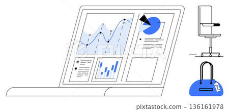 Business analysis, data visualization, office work, modern design, productivity, technology. Laptop with graphs, charts. Business analysis and data visualization concept Business analysis, data visualization, office work, modern design, productivity, technology. Laptop with graphs, charts. Business analysis and data visualization concept 136161978