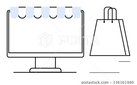 E-commerce, online retail, digital marketing, shopping experience, consumer behavior, technology trends. Computer monitor with a shopping bag. E-commerce and online retail concept E-commerce, online retail, digital marketing, shopping experience, consumer behavior, technology trends. Computer monitor with a shopping bag. E-commerce and online retail concept 136161980