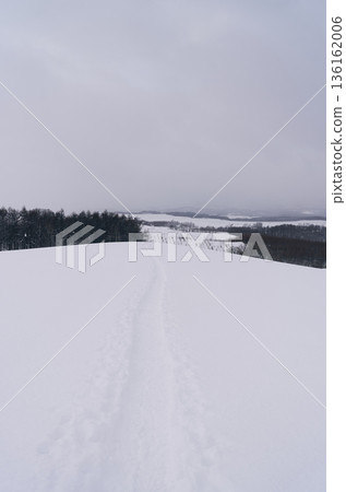 Footprints remaining in the snowy field 136162006