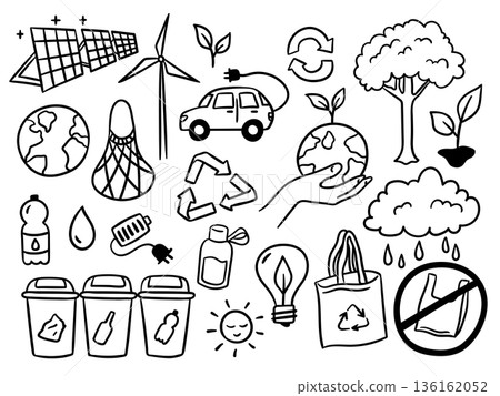 Ecology and Environmental Protection Symbols Black Thin Line Set Hand Drawn Doodle Style. Vector illustration Alternative Sources of Electricity Ecology and Environmental Protection Symbols Black Thin Line Set Hand Drawn Doodle Style. Vector illustration Alternative Sources of Electricity 136162052