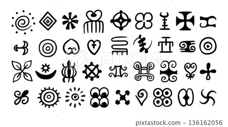 African Tribal Symbol Black Thin Line Set Hand Drawn Doodle Style. Vector illustration of Abstract Geometric Shapes African Tribal Symbol Black Thin Line Set Hand Drawn Doodle Style. Vector illustration of Abstract Geometric Shapes 136162056