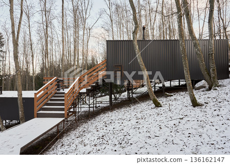 Ecofriendly elevated house surrounded by snow and tranquil woods 136162147
