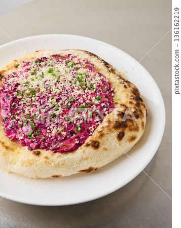 Nutritious plant centered lunch with pink beet spread on sourdough base Nutritious plant centered lunch with pink beet spread on sourdough base 136162219