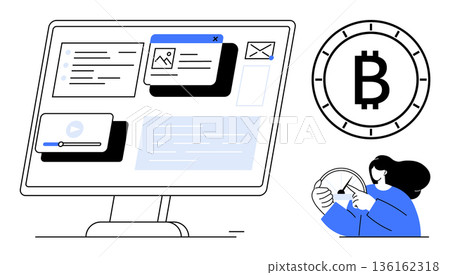 Cryptocurrency, digital finance, online learning, blockchain technology, user experience, digital assets. A computer screen with digital content, Bitcoin logo and user interaction. Cryptocurrency Cryptocurrency, digital finance, online learning, blockchain technology, user experience, digital assets. A computer screen with digital content, Bitcoin logo and user interaction. Cryptocurrency 136162318