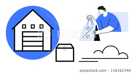 Online shopping, delivery services, e-commerce, warehouse management, logistics, retail operations. Minimalist design with a warehouse, a box and a person holding shopping bags. Online shopping 136162346