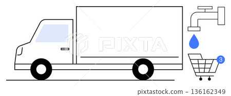 E-commerce, logistics, water management, supply chain, environmental services, online shopping. Minimalist truck, water droplet faucet shopping cart. E-commerce and logistics concepts E-commerce, logistics, water management, supply chain, environmental services, online shopping. Minimalist truck, water droplet faucet shopping cart. E-commerce and logistics concepts 136162349