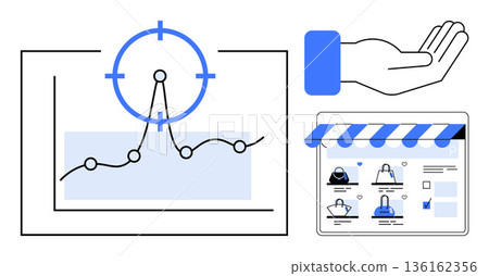 Data analytics, e-commerce, customer behavior, digital marketing, financial performance, business strategy. Line graph with target point, online store interface and open hand gesture. E-commerce Data analytics, e-commerce, customer behavior, digital marketing, financial performance, business strategy. Line graph with target point, online store interface and open hand gesture. E-commerce 136162356