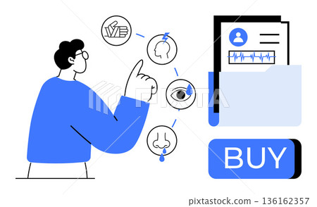 Biometric verification, personal data security, online transactions, digital identity, e-commerce, cyber authentication. Person interacting with biometric icons. Biometric verification and personal 136162357
