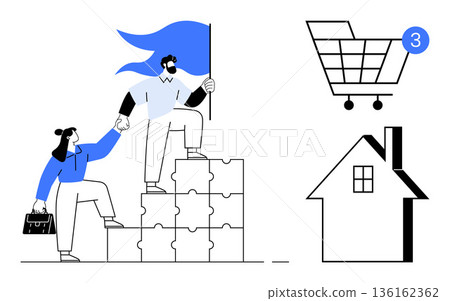 Business teamwork, leadership, online shopping notification, home buying, real estate planning, goal achievement. Two people on puzzle blocks hold hands, a shopping cart and a house icon. Teamwork Business teamwork, leadership, online shopping notification, home buying, real estate planning, goal achievement. Two people on puzzle blocks hold hands, a shopping cart and a house icon. Teamwork 136162362