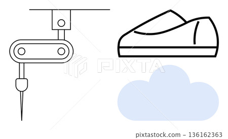 Smart manufacturing, robotics, footwear design, automation, cloud integration, future technology. Diagram of sewing machine needle, shoe profile cloud symbol. Smart manufacturing and robotics 136162363