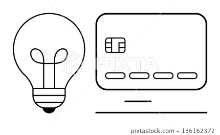 Financial innovation, creative thinking, business solutions, digital payments, banking services, sustainable finance. Outline of a light bulb and credit card. Financial innovation and creative Financial innovation, creative thinking, business solutions, digital payments, banking services, sustainable finance. Outline of a light bulb and credit card. Financial innovation and creative 136162372