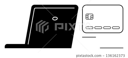 Online shopping, secure transactions, financial technology, digital payments, e-commerce, internet banking. Black laptop beside a credit card. Online shopping and secure transactions realization Online shopping, secure transactions, financial technology, digital payments, e-commerce, internet banking. Black laptop beside a credit card. Online shopping and secure transactions realization 136162373