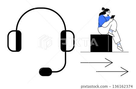 Customer service, communication, remote work, technology, support, digital interaction. Black headset icon next to a woman reading on her smartphone. Customer service and communication concept Customer service, communication, remote work, technology, support, digital interaction. Black headset icon next to a woman reading on her smartphone. Customer service and communication concept 136162374