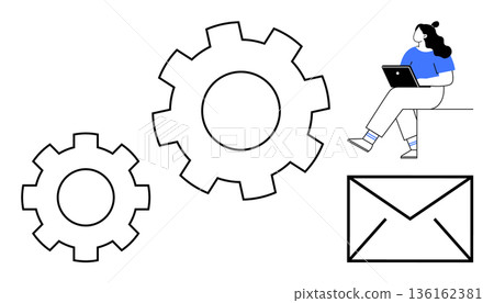 Workflow automation, communication technology, digital collaboration, teamwork, process management, efficiency. Person with laptop near gears and an envelope. Workflow automation and communication 136162381