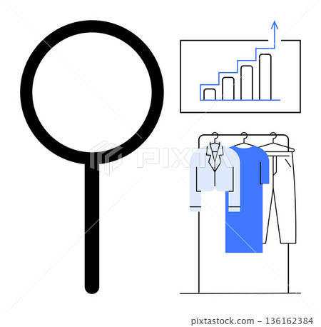 Fashion research, business growth, trend analysis, market report, data insights, retail strategy. Magnifying glass, bar chart clothing rack. Fashion research and business growth Fashion research, business growth, trend analysis, market report, data insights, retail strategy. Magnifying glass, bar chart clothing rack. Fashion research and business growth 136162384
