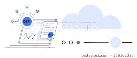 Decentralized finance, blockchain innovation, digital transactions, financial technology, cryptocurrency, online security. Laptop with financial chart, blockchain symbol. Decentralized finance 136162385