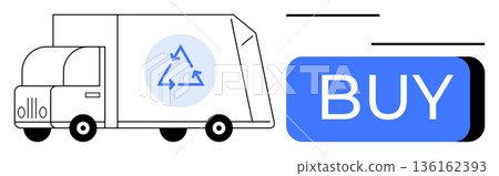 E-commerce, sustainable delivery, eco-friendly shopping, recycling logistics, online purchasing, digital transactions. Delivery truck with a recycling icon and a buy button. Sustainable delivery 136162393