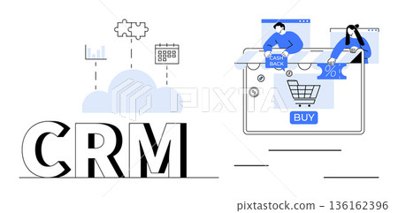 Business tools, data management, e-commerce, online shopping, customer relationship management, digital marketing. Cloud icon, CRM text online shopping cart and sales visuals. E-commerce and CRM Business tools, data management, e-commerce, online shopping, customer relationship management, digital marketing. Cloud icon, CRM text online shopping cart and sales visuals. E-commerce and CRM 136162396