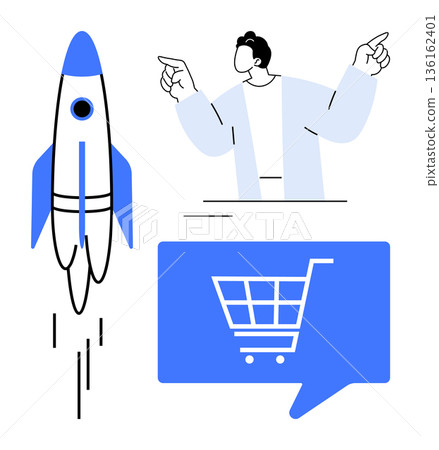 Entrepreneurship, e-commerce, innovation, online business, marketing strategies, digital sales. A person gesturing near rocket and shopping cart symbols. Entrepreneurship and e-commerce Entrepreneurship, e-commerce, innovation, online business, marketing strategies, digital sales. A person gesturing near rocket and shopping cart symbols. Entrepreneurship and e-commerce 136162401