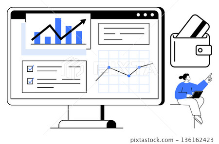 Financial analysis, business growth, data presentation, online payments, digital tools, and professional work. A monitor displaying charts and data with a wallet and a person pointing. Financial Financial analysis, business growth, data presentation, online payments, digital tools, and professional work. A monitor displaying charts and data with a wallet and a person pointing. Financial 136162423
