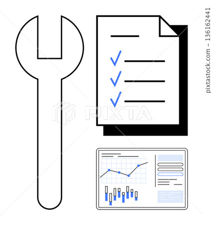 Business tools, data analysis, productivity, quality control, workflow optimization, planning. Wrench, checklist with blue ticks and chart with statistics. Business tools and data analysis concept Business tools, data analysis, productivity, quality control, workflow optimization, planning. Wrench, checklist with blue ticks and chart with statistics. Business tools and data analysis concept 136162441
