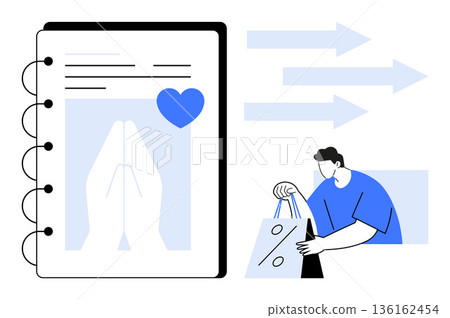 Faith, gratitude, shopping, discounts, consumer behavior, mindfulness. Digital notebook with prayer icon and heart. Person holding discount bag. Faith and gratitude illustrated 136162454