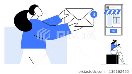 E-commerce, digital communication, notification systems, remote messaging, information sharing, mobile technology. Woman holding an envelope with a notification. E-commerce and digital communication 136162463