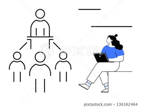 Business management, remote leadership, virtual learning, teamwork, hierarchy, online collaboration. Diagram of organizational hierarchy, woman using laptop. Business management and teamwork concepts Business management, remote leadership, virtual learning, teamwork, hierarchy, online collaboration. Diagram of organizational hierarchy, woman using laptop. Business management and teamwork concepts 136162464