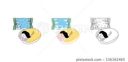 手繪風格-一位憂鬱的女子躺在被褥上,窗外是雪景-冬日憂慮,心理健康 | 疾病,冬季,憂鬱 手繪風格-一位憂鬱的女子躺在被褥上,窗外是雪景-冬日憂慮,心理健康 | 疾病,冬季,憂鬱 136162465