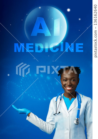 Doctor presenting AI medicine concept with blue background and medical symbols in image Doctor presenting AI medicine concept with blue background and medical symbols in image 136162640