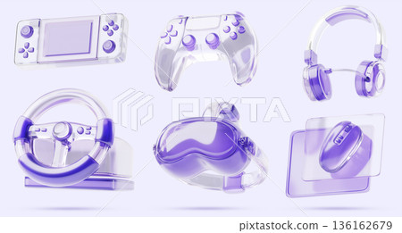 Purple transparent 3D electronic gadget set - glass hologram handheld console, gamepad joystick, car steering wheel game controller, vr glasses, computer mouse for video gamer design. 3D illustration Purple transparent 3D electronic gadget set - glass hologram handheld console, gamepad joystick, car steering wheel game controller, vr glasses, computer mouse for video gamer design. 3D illustration 136162679
