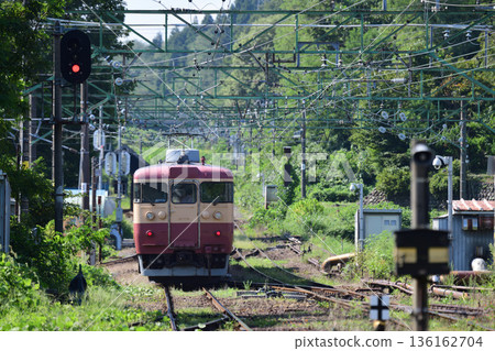 越後心跳鐵道455系列車，塗裝為日本國鐵配色，正駛過折返線。 136162704