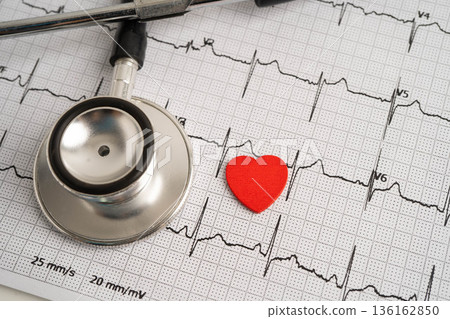 Electrocardiogram ECG, heart wave, heart attack, cardiogram report. Electrocardiogram ECG, heart wave, heart attack, cardiogram report. 136162850